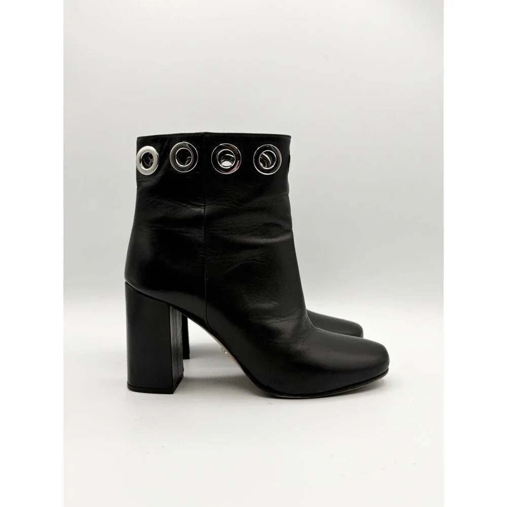 Prada Black Leather Block Heel Ankle Boots Silver Grommet Accent Sz EU 36